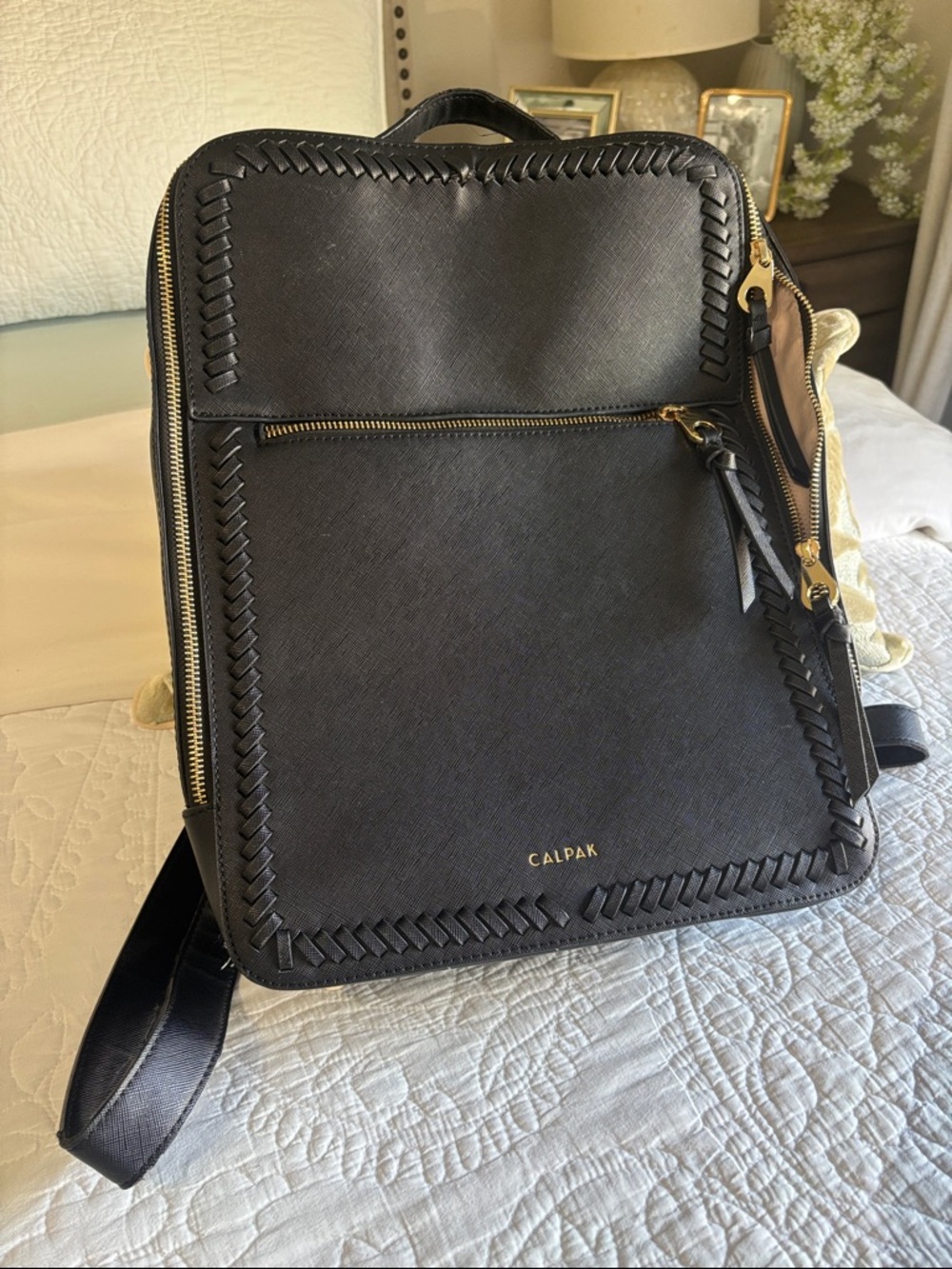 Calpak Black Laptop Backpack with Braided Trim and Gold Hardware